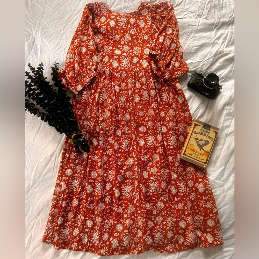 Boho Floral Long Sleeve Midi Dress - Orange-Bishop Sleeves-Small